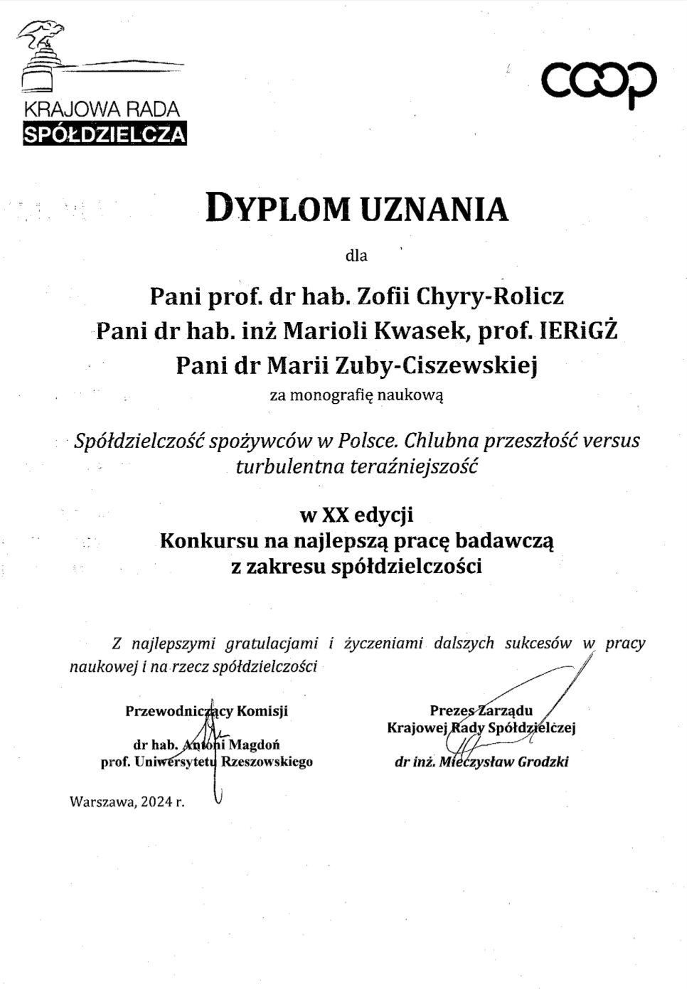 Dyplom prof Chyra Rolicz