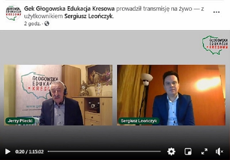 screen ze spotkania w formie on-line, z lewej prowadzący Jerzy Pilecki, z prawej dr hab. Sergiusz Leończyk