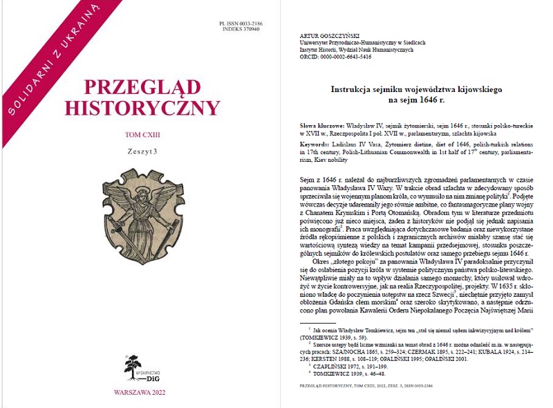 okladka przegladu historycznego i pierwsza srtona artykulu